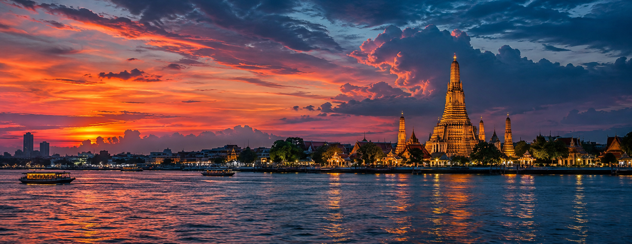 Wat Arun illuminated beside the Chao Phraya River at sunset in Bangkok, Thailand